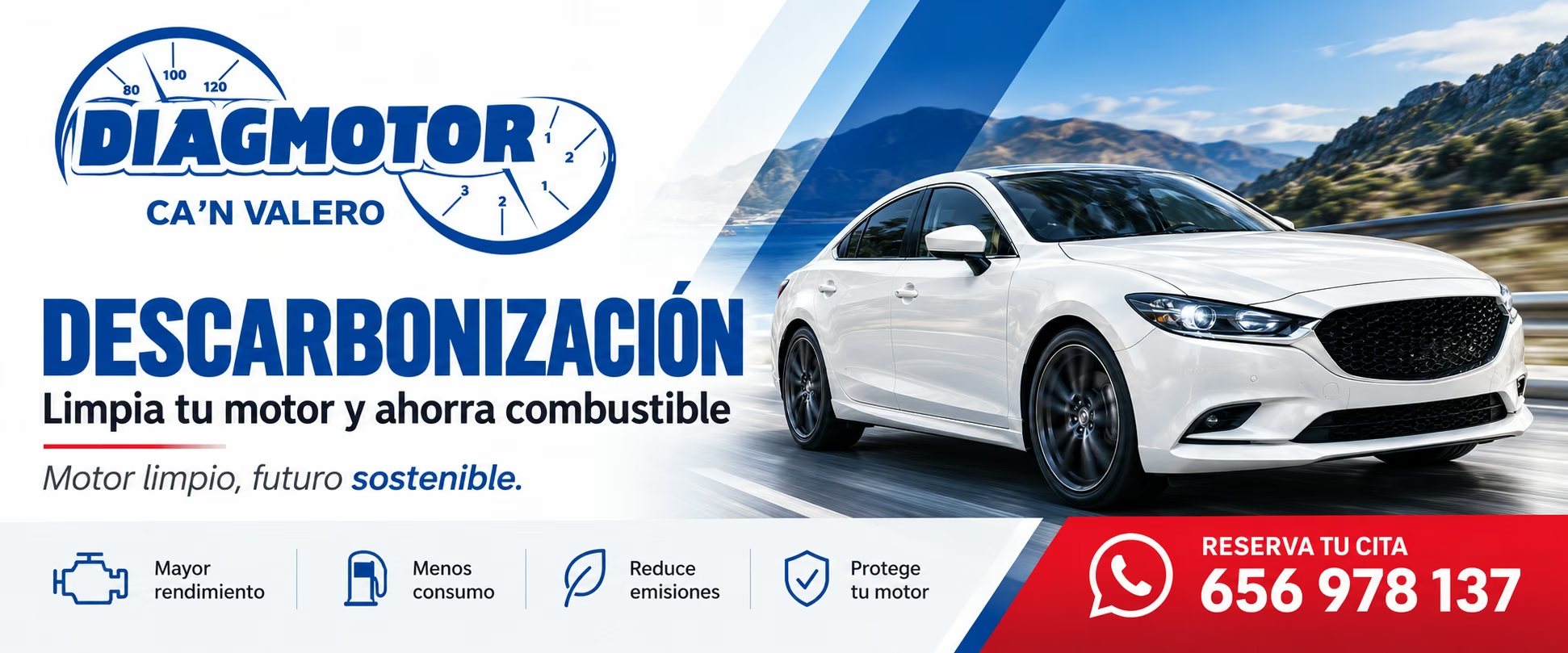 DIAGMOTOR Can Valero: descarbonización para limpiar el motor y ahorrar combustible. Mayor rendimiento, menos consumo, reducción de emisiones y protección del motor. Reserva tu cita: 656 978 137.